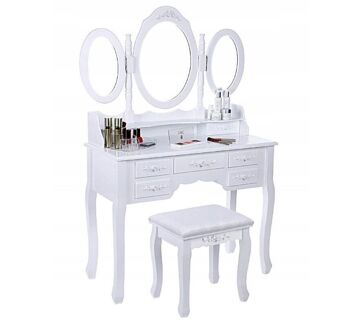 Coiffeuse en bois blanc - avec grand miroir - avec tabouret - 90x40x145 cm