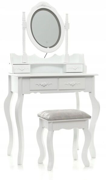 Coiffeuse en bois blanc - Miroir éclairé par LED - avec tabouret assorti - 75x40x145 cm
