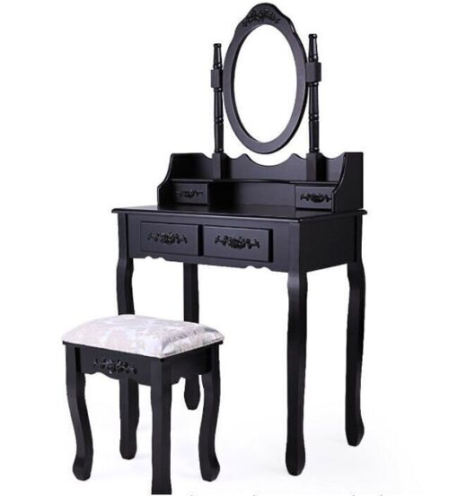 Houten kaptafel zwart met spiegel en krukje - 75x40x145 cm