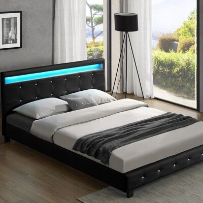 Double bed - black eco-leather - with LED light - 140x200 cm