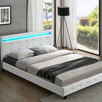 Cama doble - ecopiel blanca - con luz LED - 140x200 cm