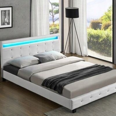 Double bed - white eco-leather - with LED light - 160x200 cm