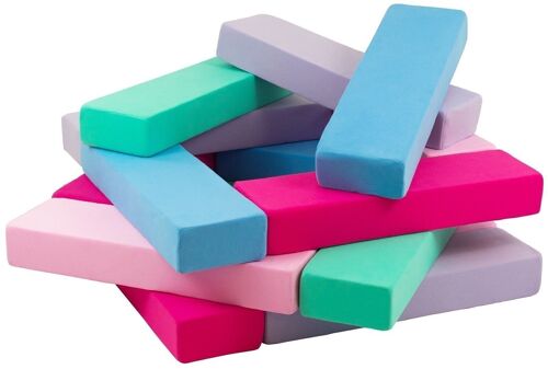 Jenga - 15 zachte speelblokken - blauw, roze, lichtroze, paars, turkoois