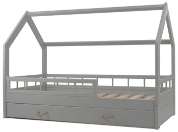 Lit enfant en bois massif - Style scandinave - lit cabane - 160x80cm - avec barrières - gris