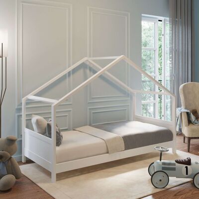 Hausbett Kinderbett 90x200 cm Massivholz weiß mit Lattenrost