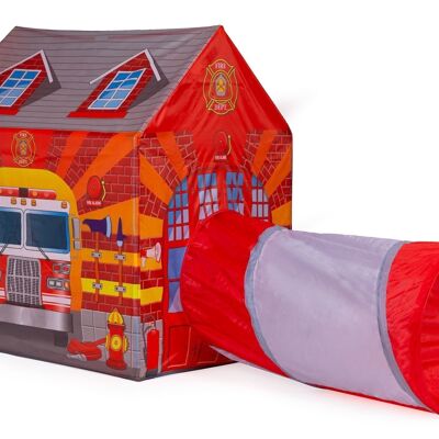 Play tent - with crawl tunnel - 190x73x102 cm - fire brigade - red