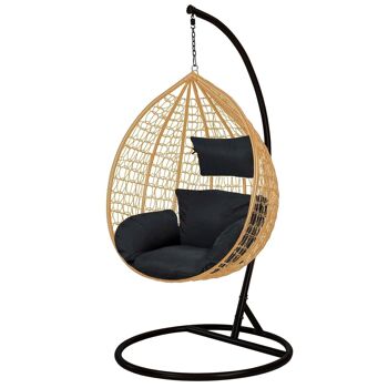 Chaise suspendue - chaise oeuf - avec support et coussins noirs - jusqu'à 150 kg