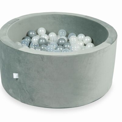Piscina de bolas - gris terciopelo - 90x40 cm - 300 bolas - transparente, nácar, plateado