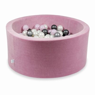 Ball pit - velvet pink - 90x40 cm - 300 balls - baby pink, silver, anthracite, mother of pearl