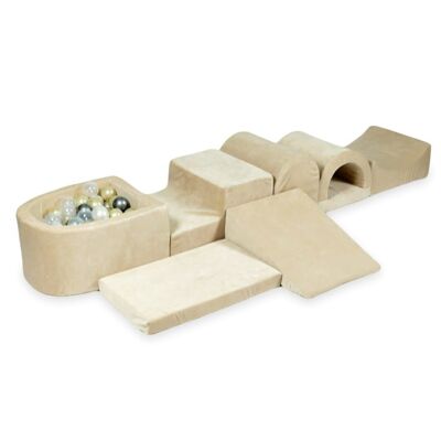 Schaumstoff-Spielset – 7-teilig – mit Bällebad und 100 Bällen – beige