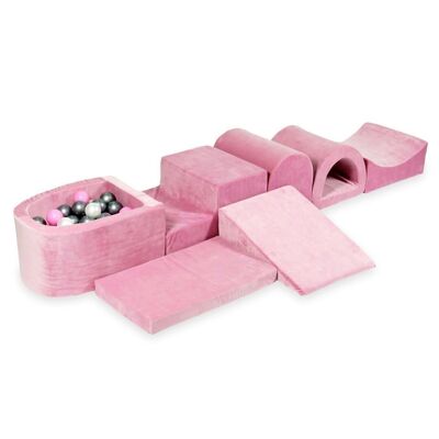 Set de juego de espuma - 7 piezas - con piscina de bolas y 100 bolas - rosa