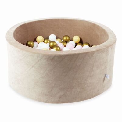 Ball pit - velvet beige - 90x40 cm - 300 balls - white, baby pink, beige, gold