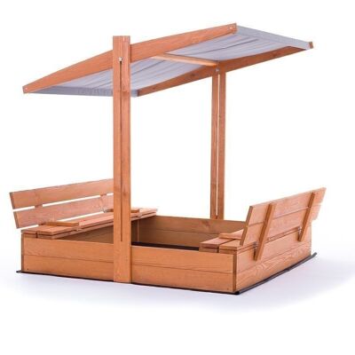 Sandbox - wood - with roof and benches - 120x120 cm - gray