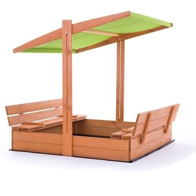 Bac à sable - bois - avec toit et bancs - 120x120 cm - vert