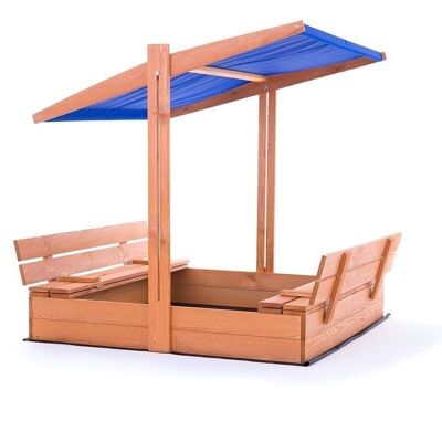Sandbox - wood - with roof and benches - 120x120 cm - blue