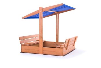 Bac à sable - bois - avec toit et bancs - 120x120 cm - bleu
