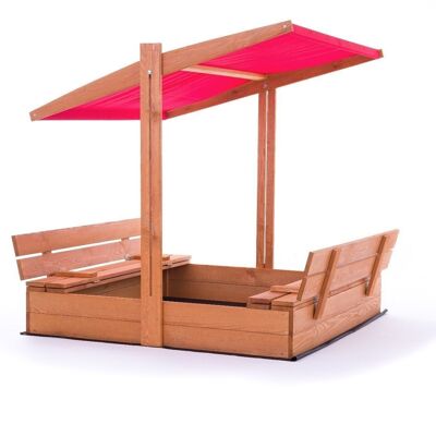 Arenero - madera - con techo y bancos - 120x120 cm - rojo -