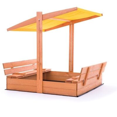 Sandbox - wood - with roof and benches - 120x120 cm - yellow