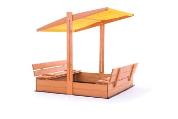 Bac à sable - bois - avec toit et bancs - 120x120 cm - jaune