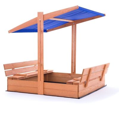 Arenero - madera - con techo y bancos - 140x140 cm - azul -
