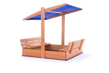 Bac à sable - bois - avec toit et bancs - 140x140 cm - bleu