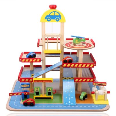Garage giocattolo - legno - con ascensore e macchinine - 50x39,5x47 cm