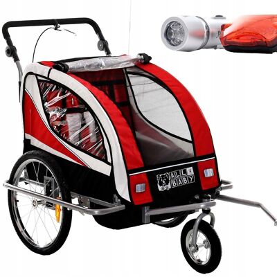 Bicycle trailer child - with buggy function - 2-in-1 - 2 seater - red