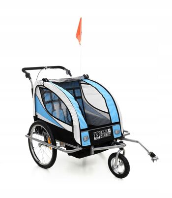 Remorque à vélo enfant - avec fonction poussette - 2 en 1 - 2 places - bleue