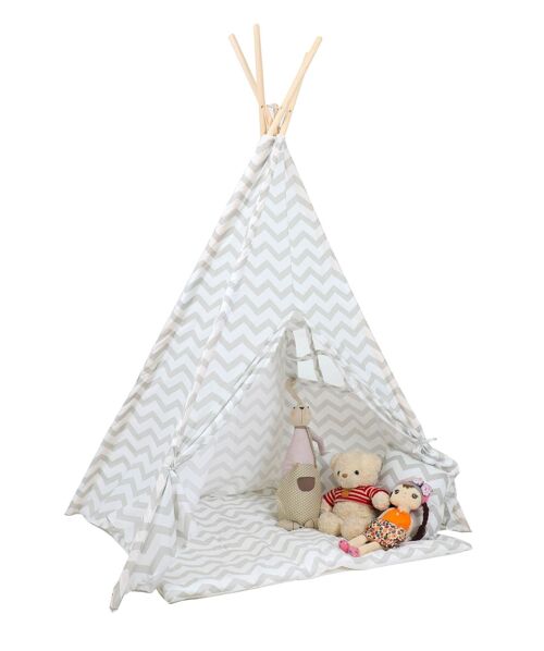 Tipi tent - play tent with floor mat and cushions - gray - zigzag