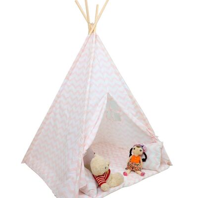 Tipi tent - play tent with floor mat and cushions - pink - zigzag