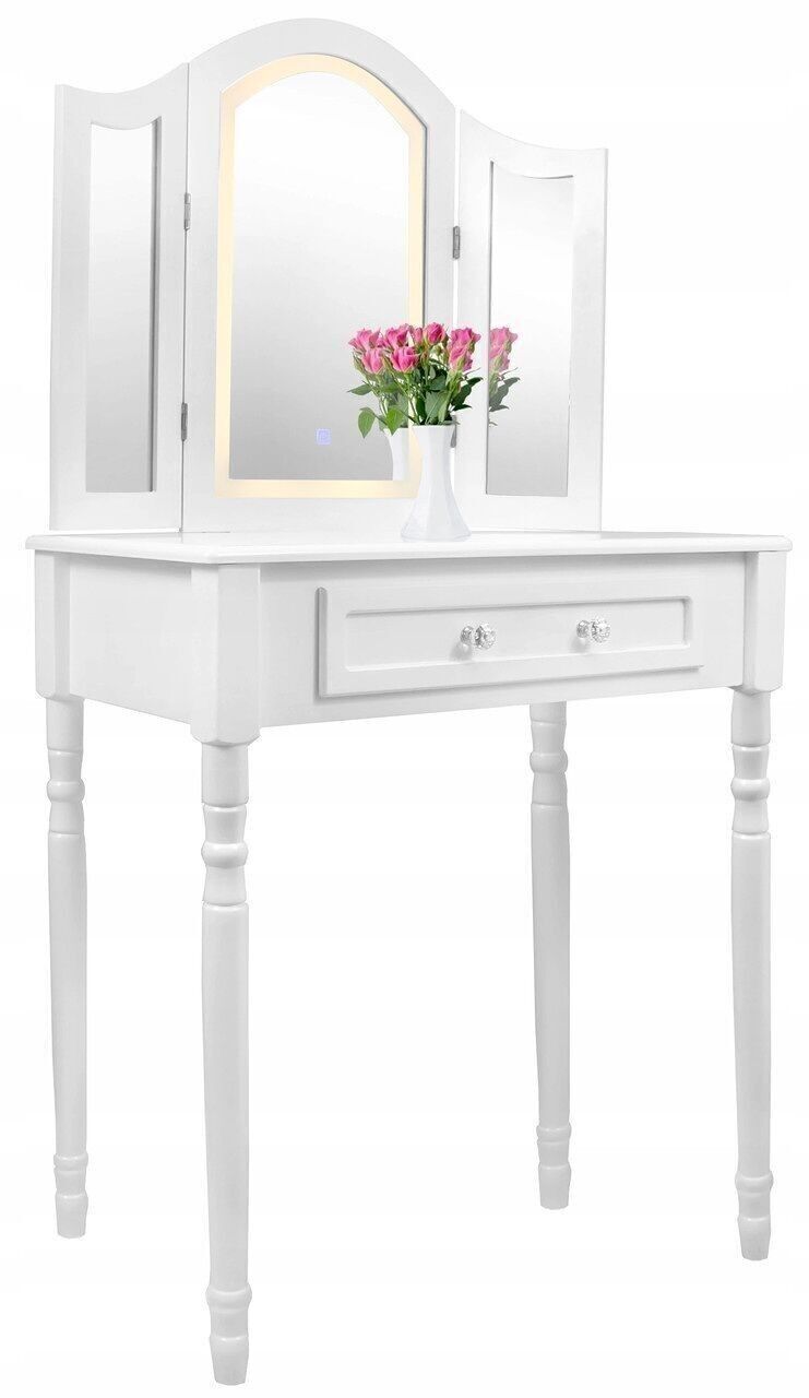 Schminktisch – mit Spiegel, Licht und Hocker – 74,5 x 40 x 137 cm – weiß