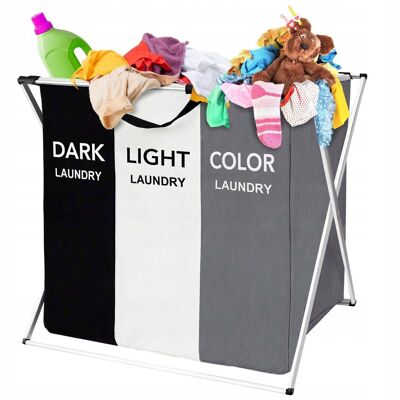 Laundry basket - 3 compartments - foldable - 66x38x61 cm - black white gray