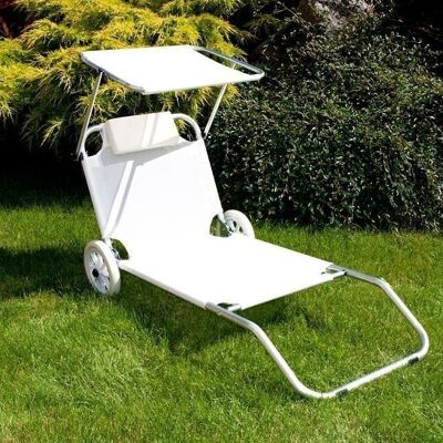 Lounger - sunbed - with awning and wheels - foldable - white