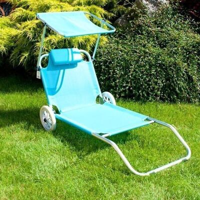 Lounger - sunbed - with awning and wheels - foldable - turquoise