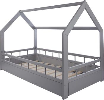 Lit en bois - Lit maison - Lit maison - lit enfant - 160x80 - gris - avec barrière