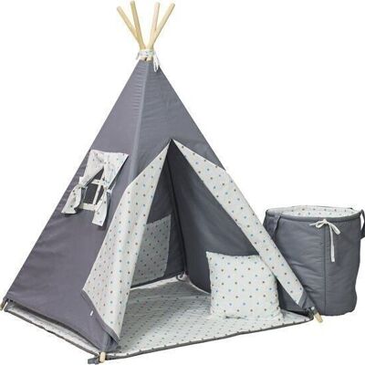 Wigwam teepee tent - 5 parts - 100% cotton - gray and turquoise stars