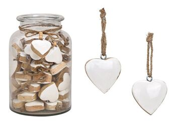Coeur de suspension en bois de manguier blanc (L / H / P) 5x5x3cm 60 pièces dans un verre 16x26x16cm