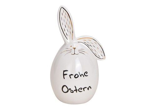 Hase "Frohe Ostern" aus Keramik Weiß/Gold/Schwarz (B/H/T) 8x16x8cm