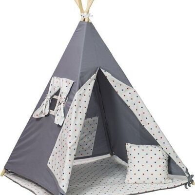 Tente tipi Wigwam gris - tente de jeu - 4 parties - 100% coton - étoiles bleues et rouges