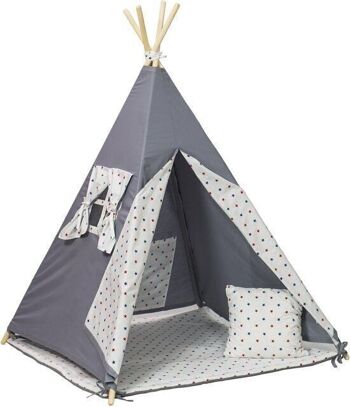 Tente tipi Wigwam gris - tente de jeu - 4 parties - 100% coton - étoiles bleues et rouges