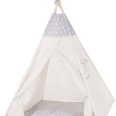 Tente Tipi enfant Wigwam - beige avec gris - 100% coton - 160x120x100 cm - comprenant 2 oreillers