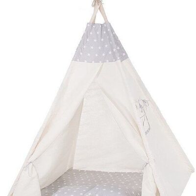 Tienda tipi para niños Wigwam - beige con gris - 100% algodón - 160x120x100 cm - incluye 2 almohadas