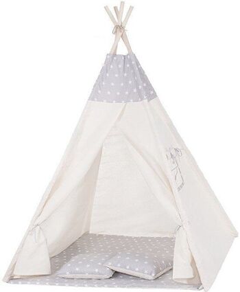 Tente Tipi enfant Wigwam - beige avec gris - 100% coton - 160x120x100 cm - comprenant 2 oreillers