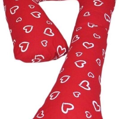Almohada de embarazo 100% algodón 235 cm roja con estampado de corazones blancos