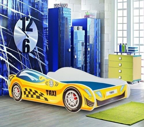 Autobed - Kinderbed - 140x70cm - met matras - geel - met led verlichting