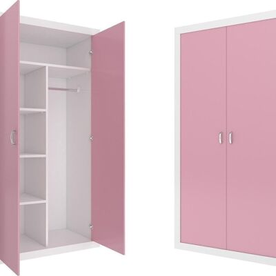 Kleiderschrank – 90x190x50 cm – weiß/rosa – 5 Einlegeböden – 2 Türen