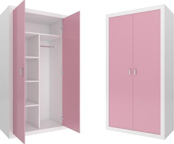 Armoire - 90x190x50 cm - blanc/rose - 5 étagères - 2 portes