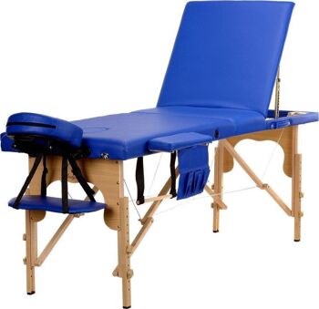 Table de massage en bois - 3 segments - réglable - cuir ECO bleu - longueur 213 cm