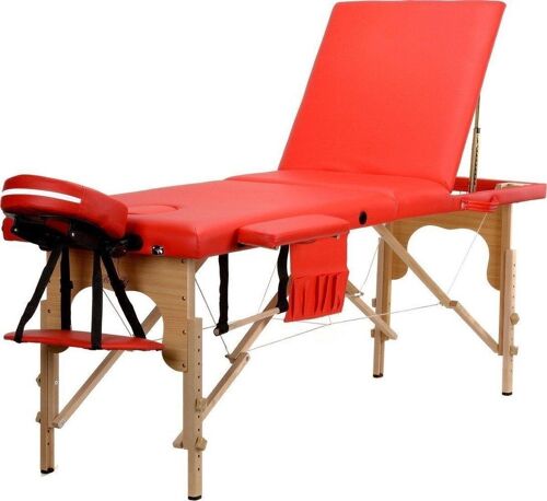 Houten massagetafel - 3 segmenten - verstelbaar - rood ECO-leer - 213 cm lang