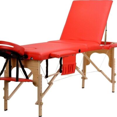 Camilla de masaje de madera - 3 segmentos - ajustable - cuero ECO rojo - 213 cm de largo